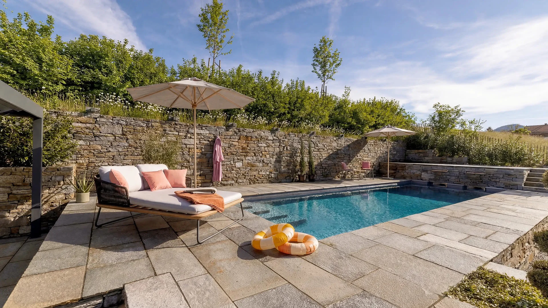 Der private Poolbereich vom Traumhaus am Chiemsee bei strahlendem Sonnenschein. Der mit hellgrauen Steinfliesen gepflasterte Poolbereich umrahmt das türkise 10 x 3,5m Wasserbecken. Im vorderen Teil der Poolterrasse steht eine große Sonnenliege, die Platz für 2 Personen bietet. Hellgraue Kissenauflagen und lachsfarbende Zierkissen sorgen für den nötigen Komfort. Neben der Liege steht ein großer heller Sonnenschirm. Im hinteren Bereich des Pools steht ein kleiner Tisch mit 2 lachsfarbenden Stühlen und ein weiterer Sonnenschirm.